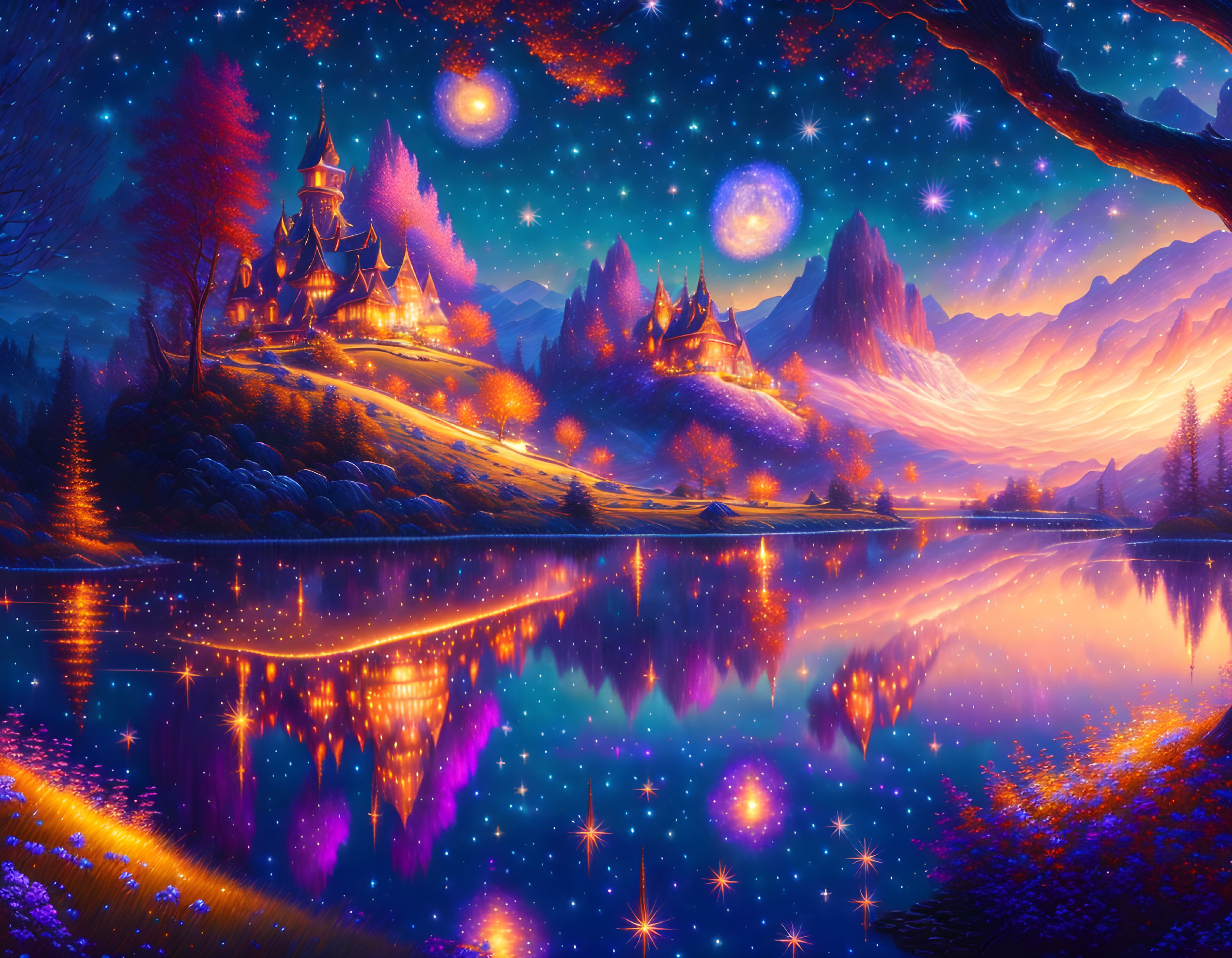 Glowing castle on hill in fantastical landscape with purple trees and starry sky