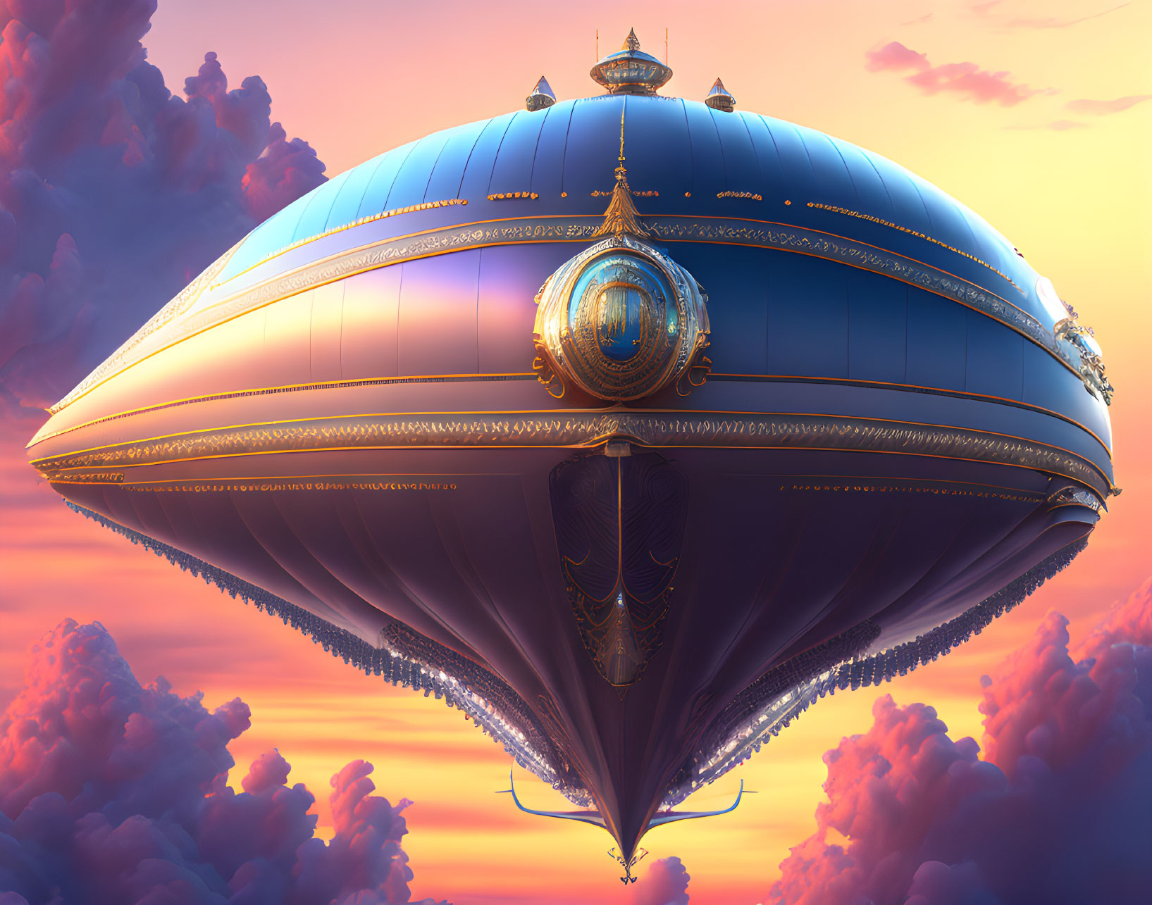 Ornate airship with gold details in vivid sunset sky