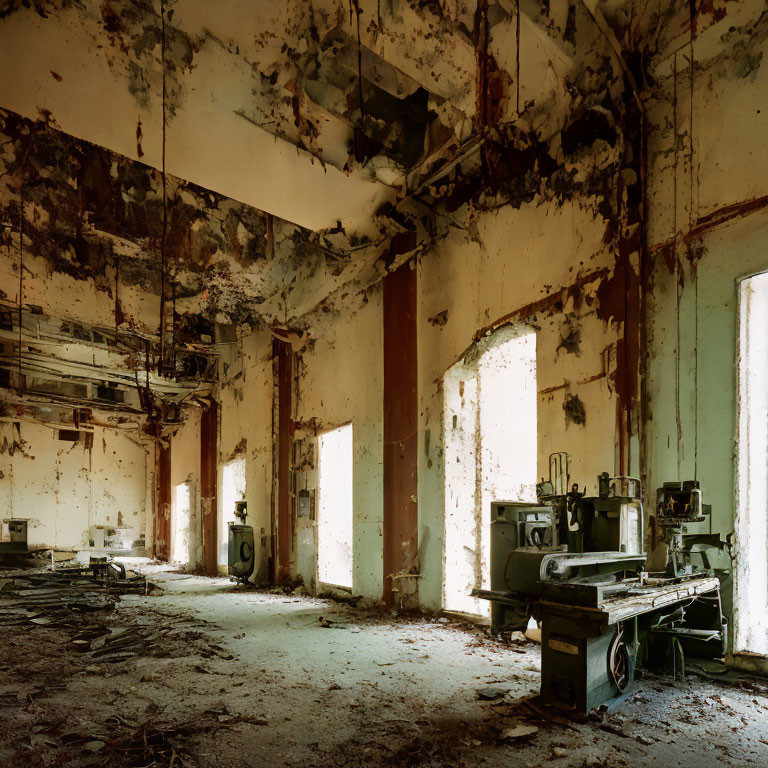 Decaying industrial room with peeling paint and old machinery abandoned among debris