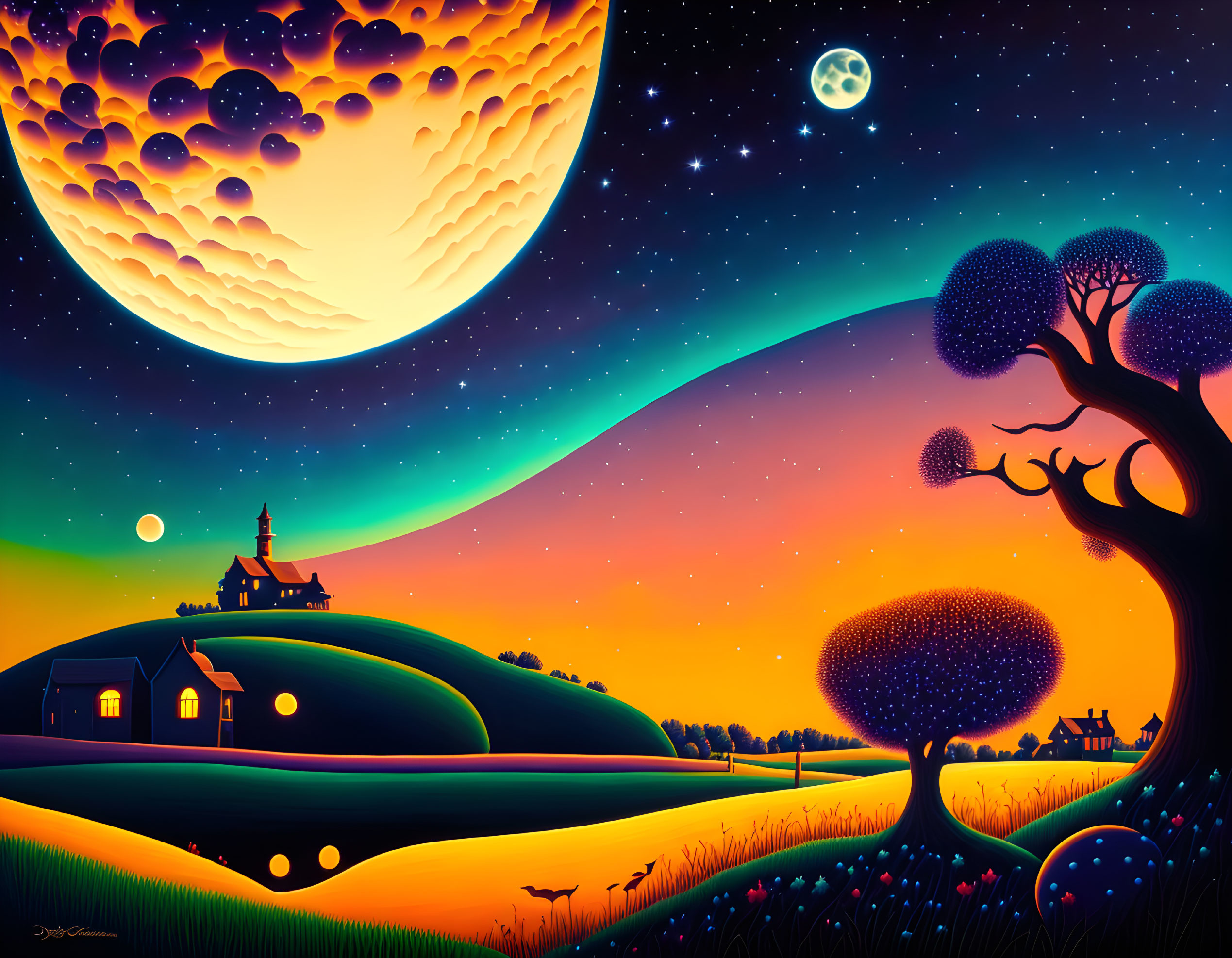 Colorful landscape with whimsical buildings, large tree, and moons