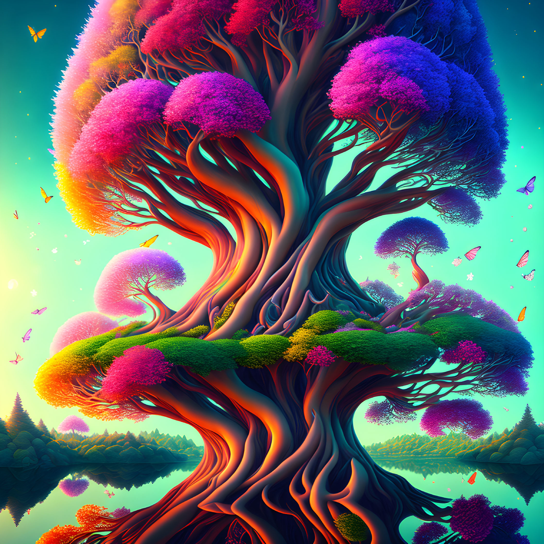 Colorful magical tree illustration under twilight sky with floating islands.