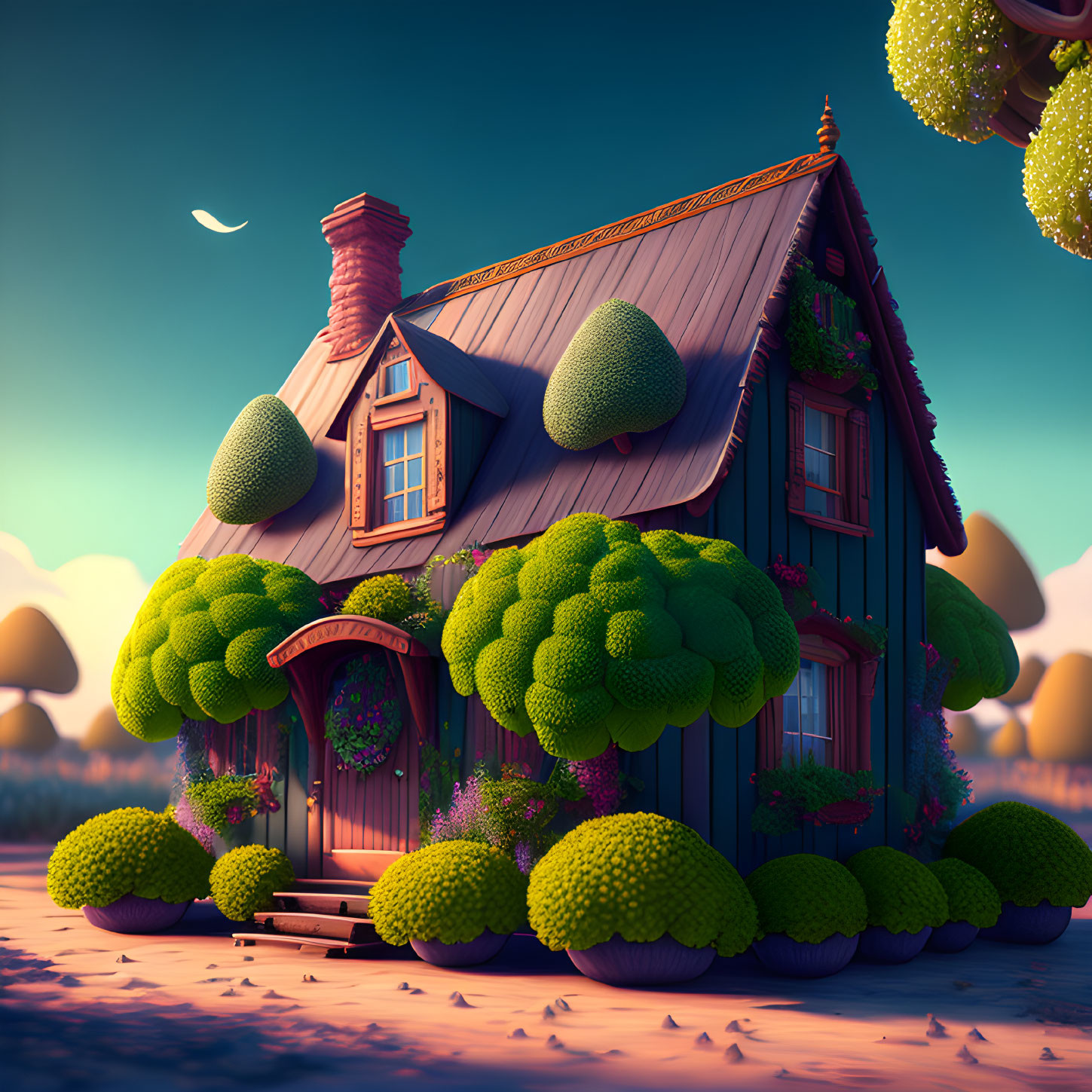 Whimsical cottage with green roof in twilight setting