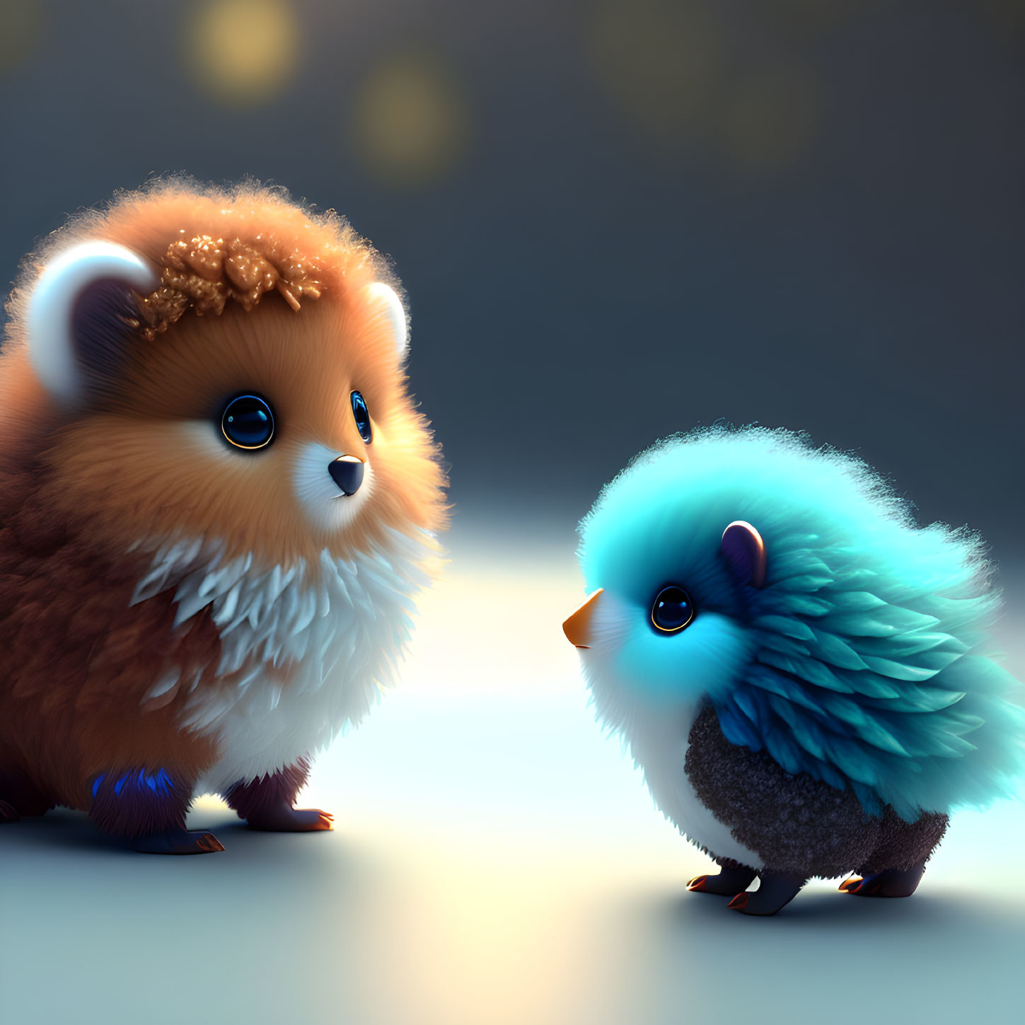 Adorable Fluffy Orange and Blue Creatures with Big Eyes