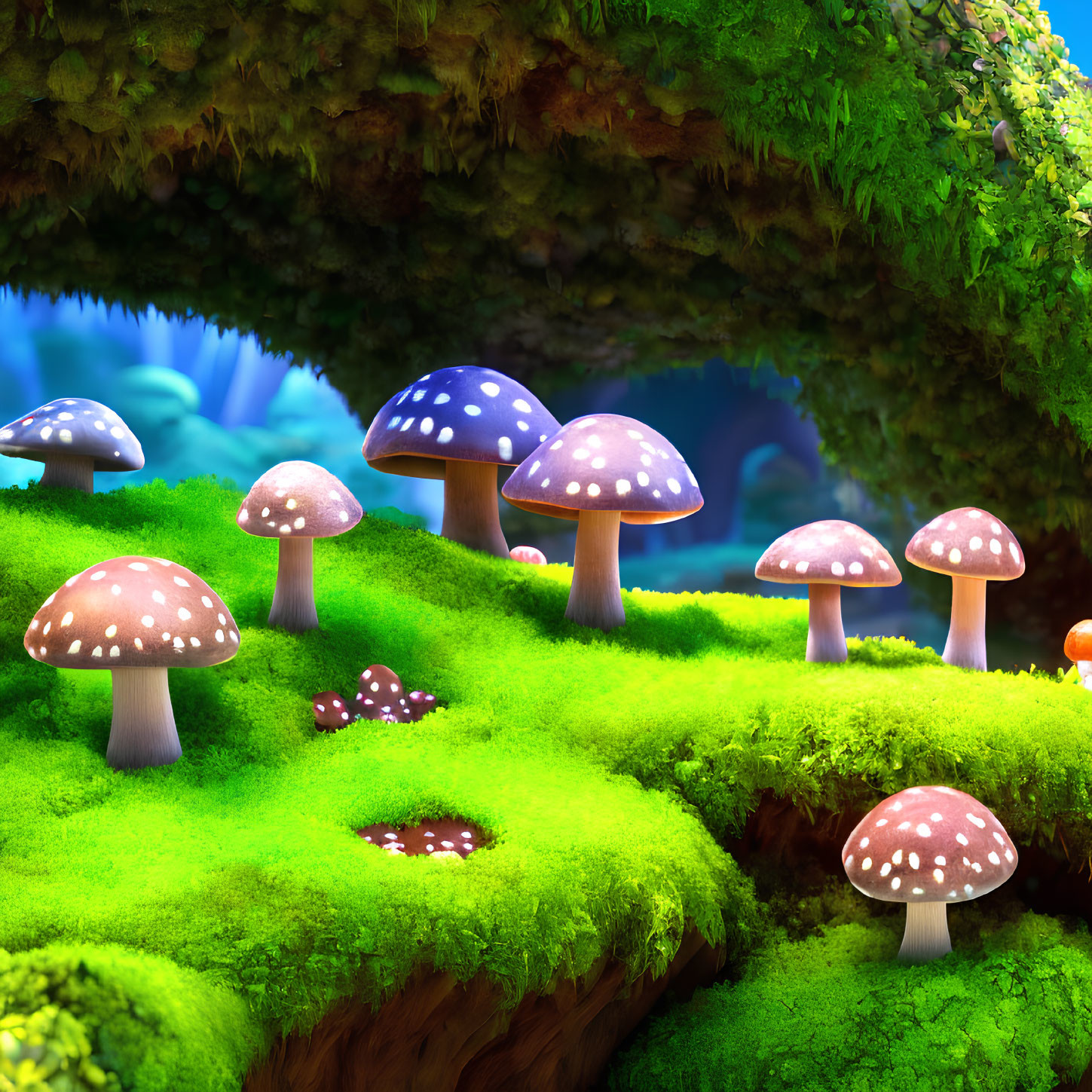 Vibrant, oversized spotted mushrooms in whimsical forest scene