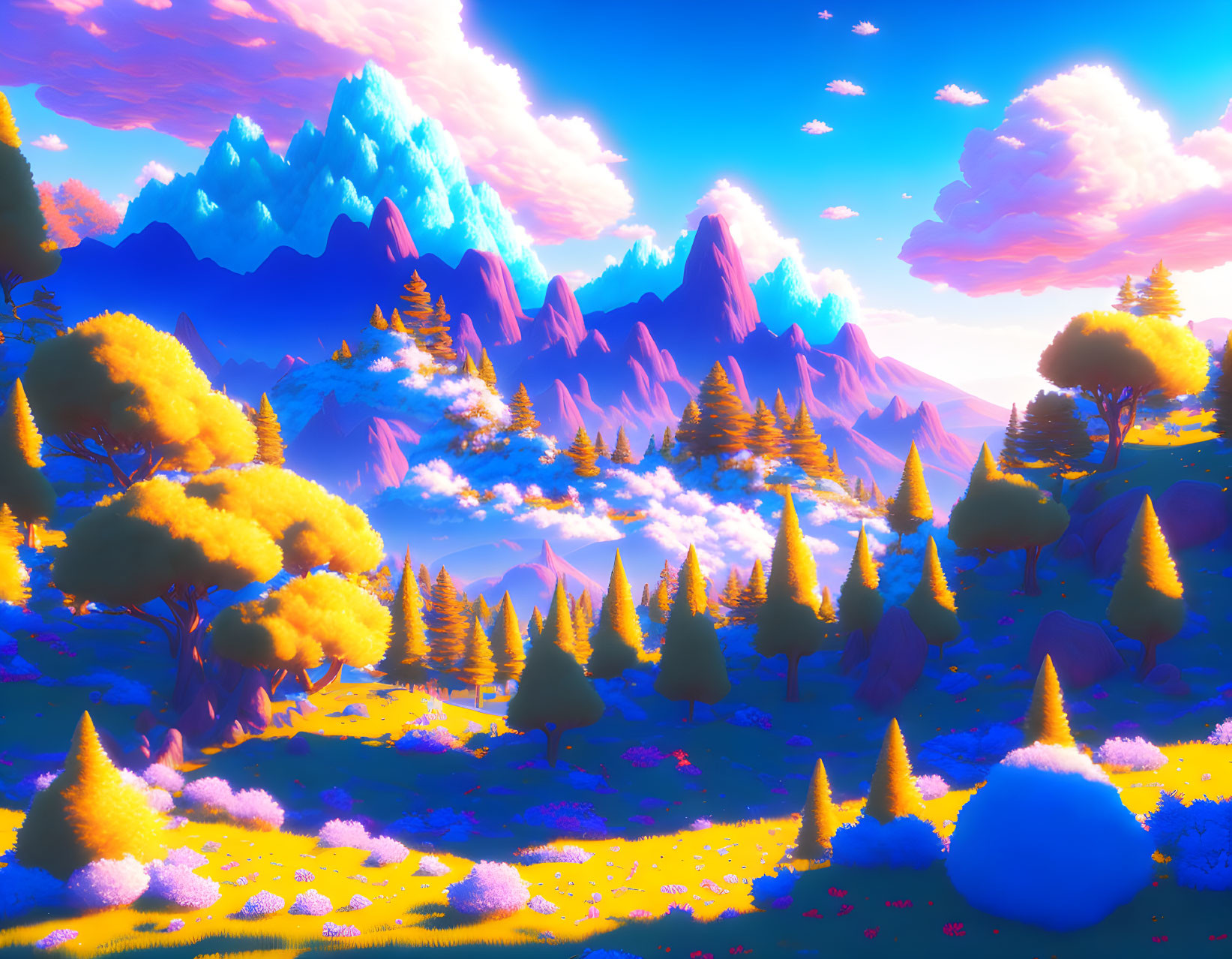 Surreal landscape with vibrant trees and purple mountains