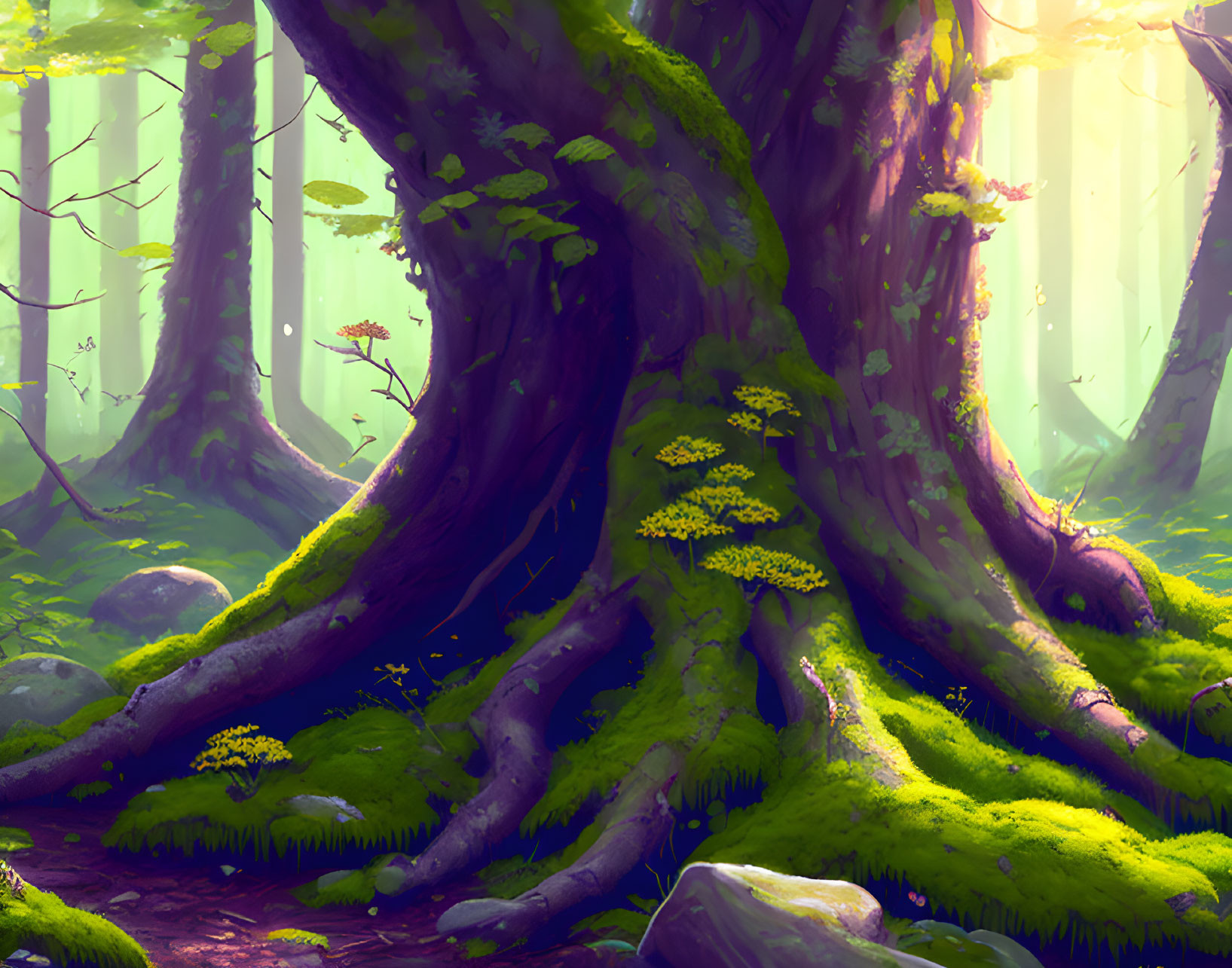 Lush forest scene with ancient tree and green moss under sunlight