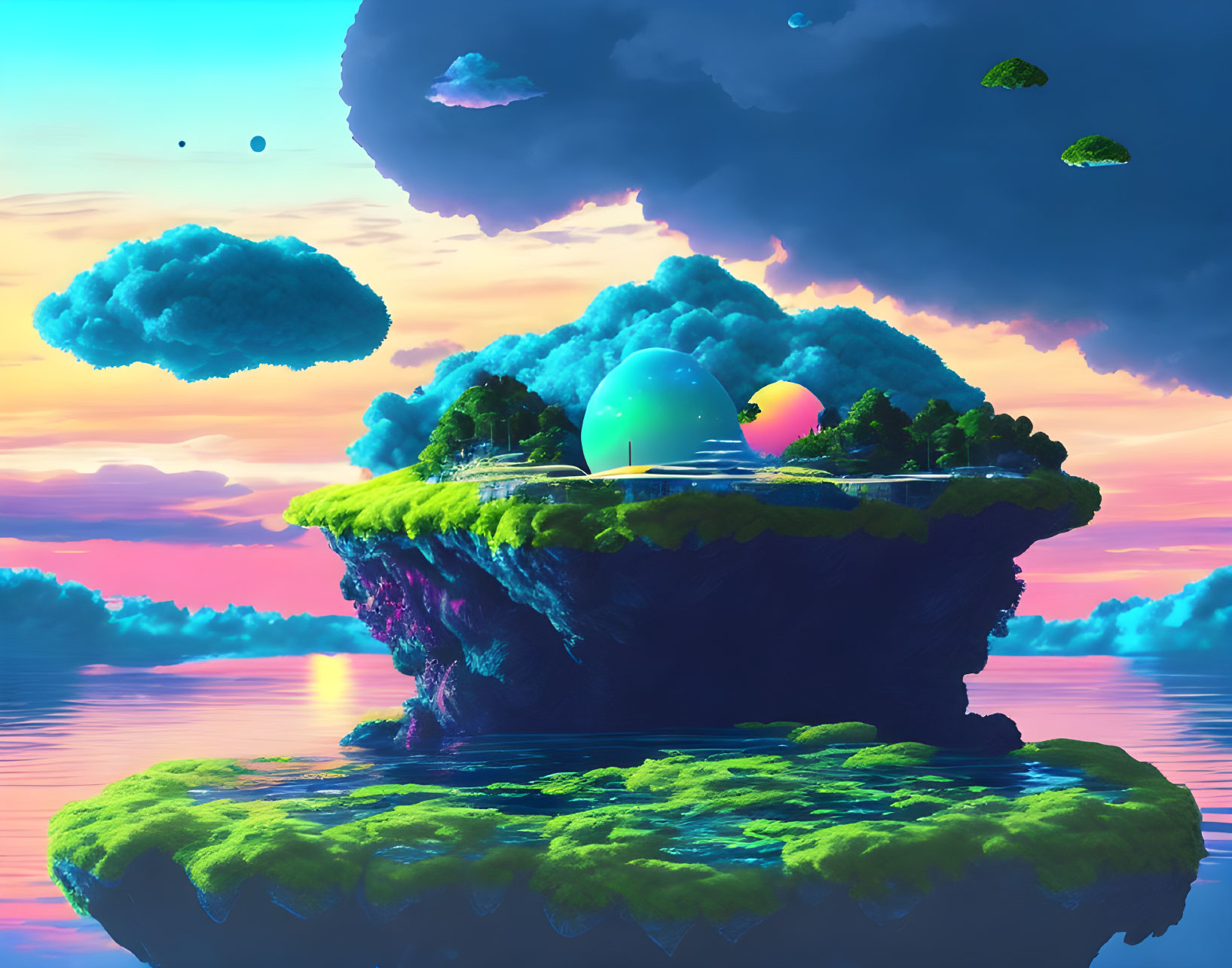 Colorful Floating Island with Neon Orbs and Sunset Sky