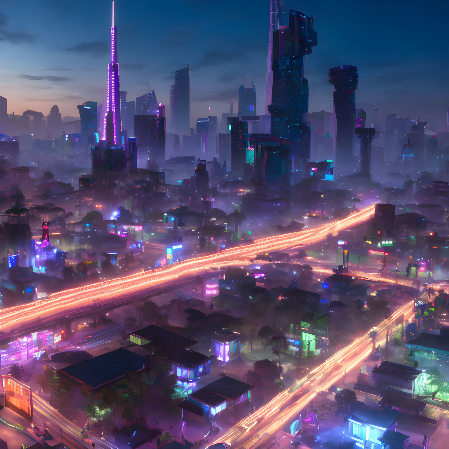 Futuristic cityscape with neon lights and towering skyscrapers