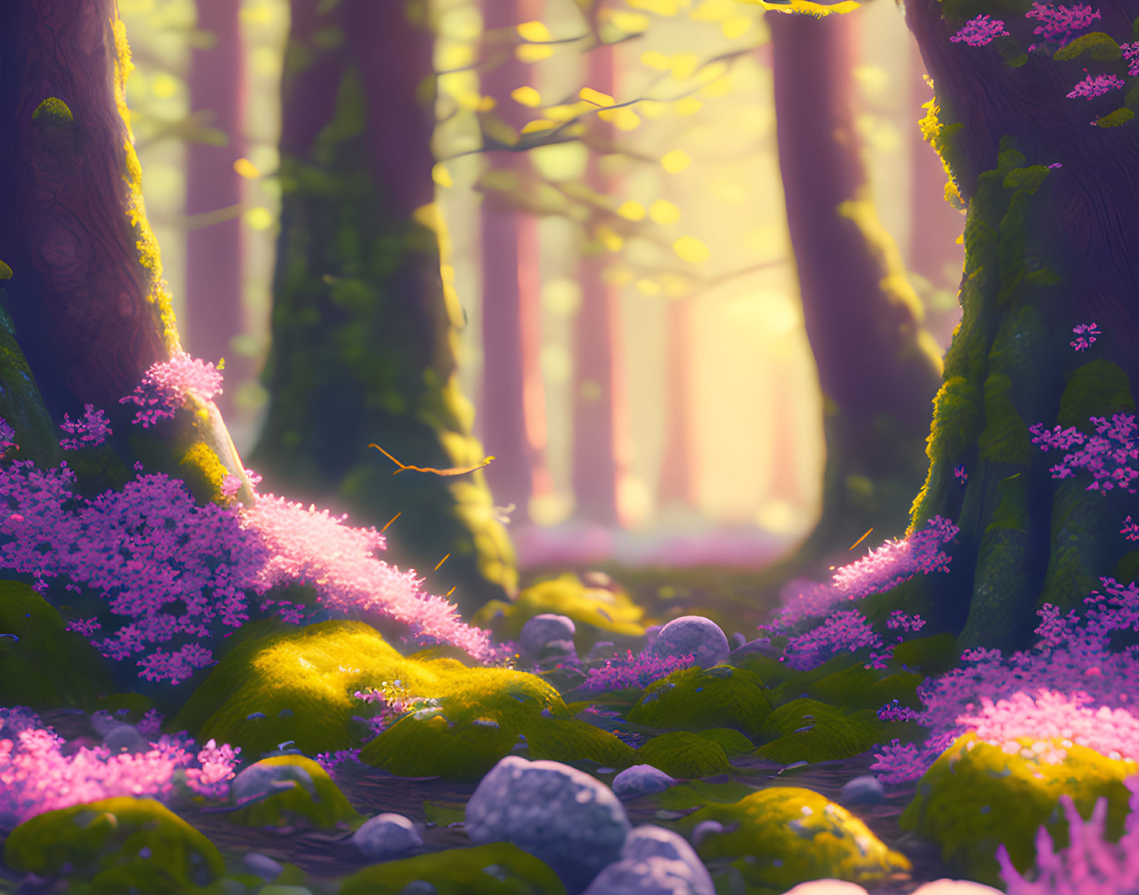 Sunlit enchanted forest pathway with mossy rocks and pink flowers