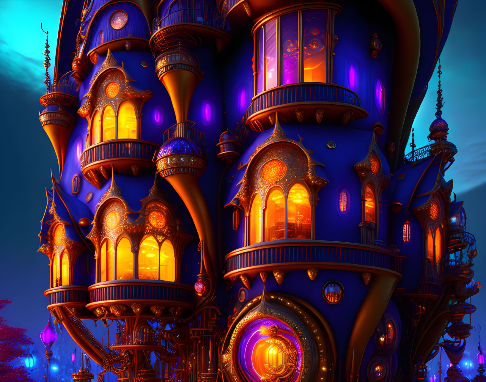 Ornate Illuminated Fantasy Castle Against Twilight Sky