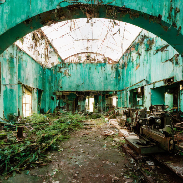 Collapsed roof and overgrown vegetation in abandoned building scene