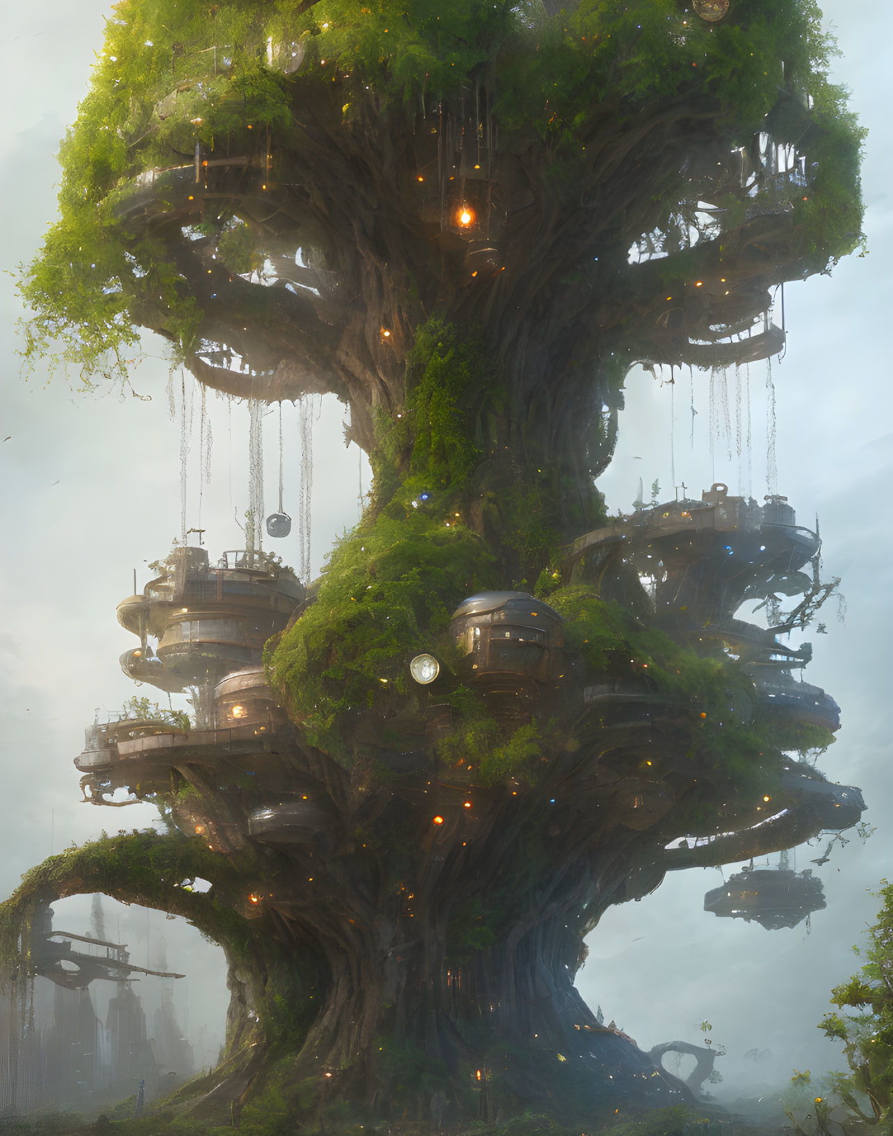 Enchanting colossal tree with lush foliage and illuminated lanterns.