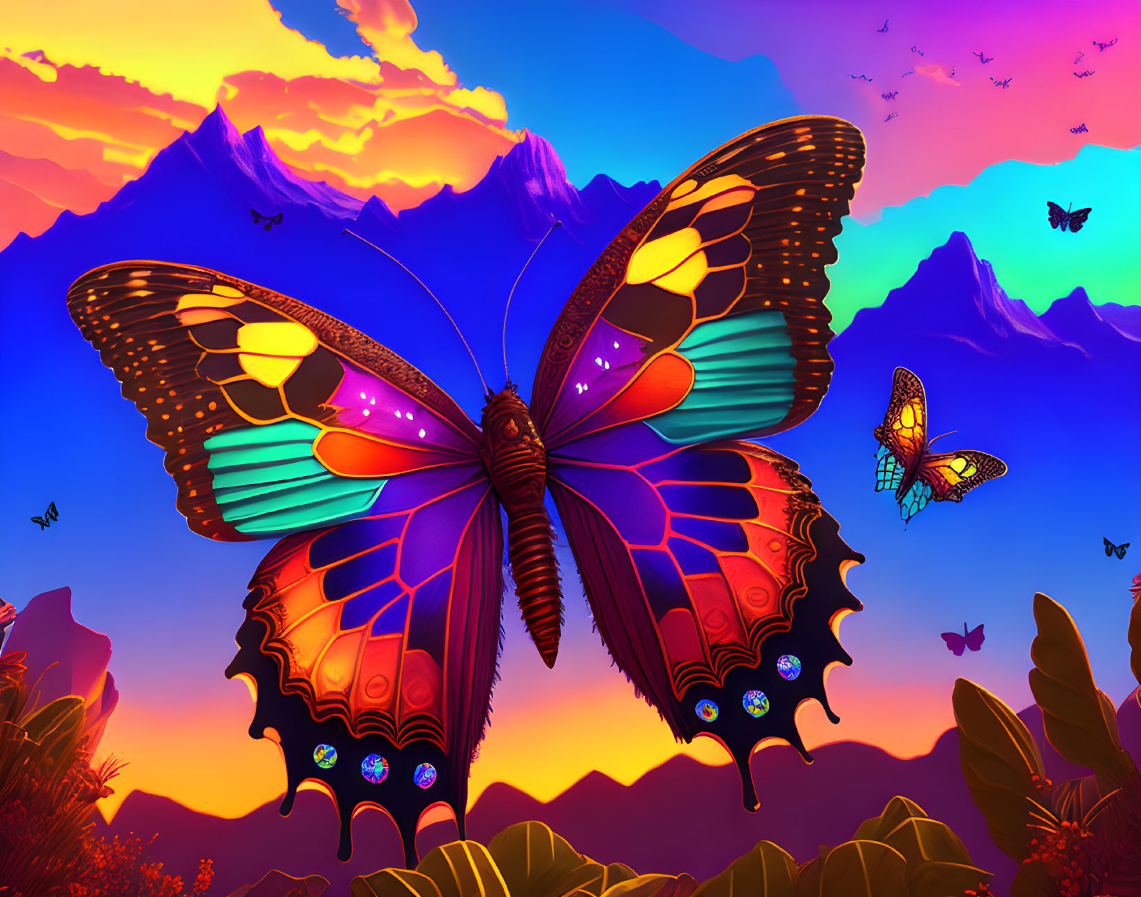 Colorful Butterfly Artwork Soaring in Sunset Sky