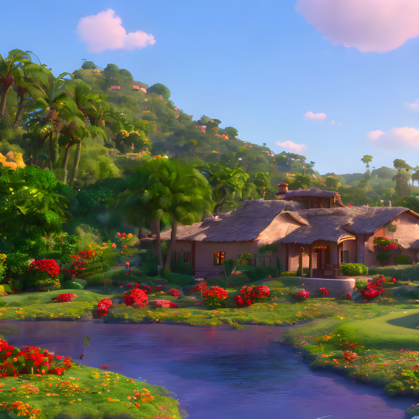 Colorful animated scene: Thatched-roof cottages, lush greenery, red flowers, blue