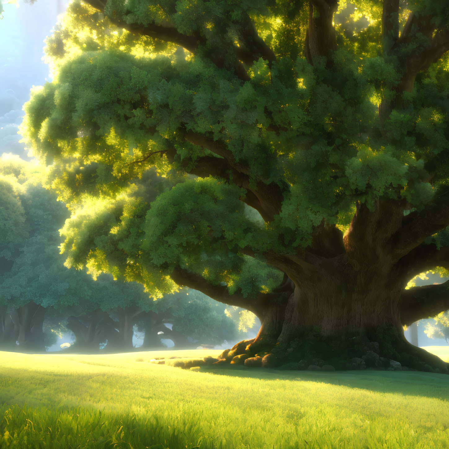 Majestic tree with lush green leaves in serene meadow