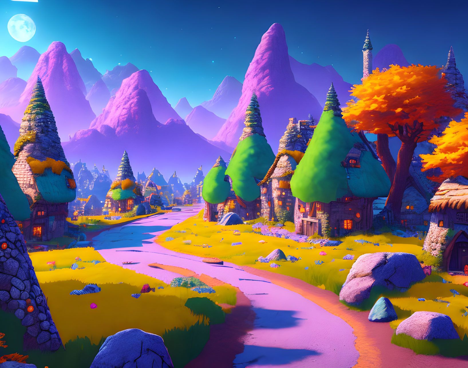 Colorful fantasy landscape with whimsical cottages and purple mountains