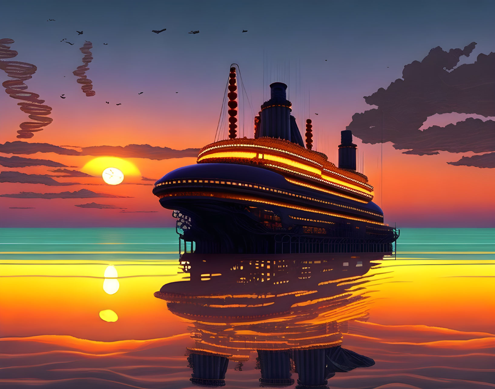 Futuristic ship above orange sunset sea with birds and reflections