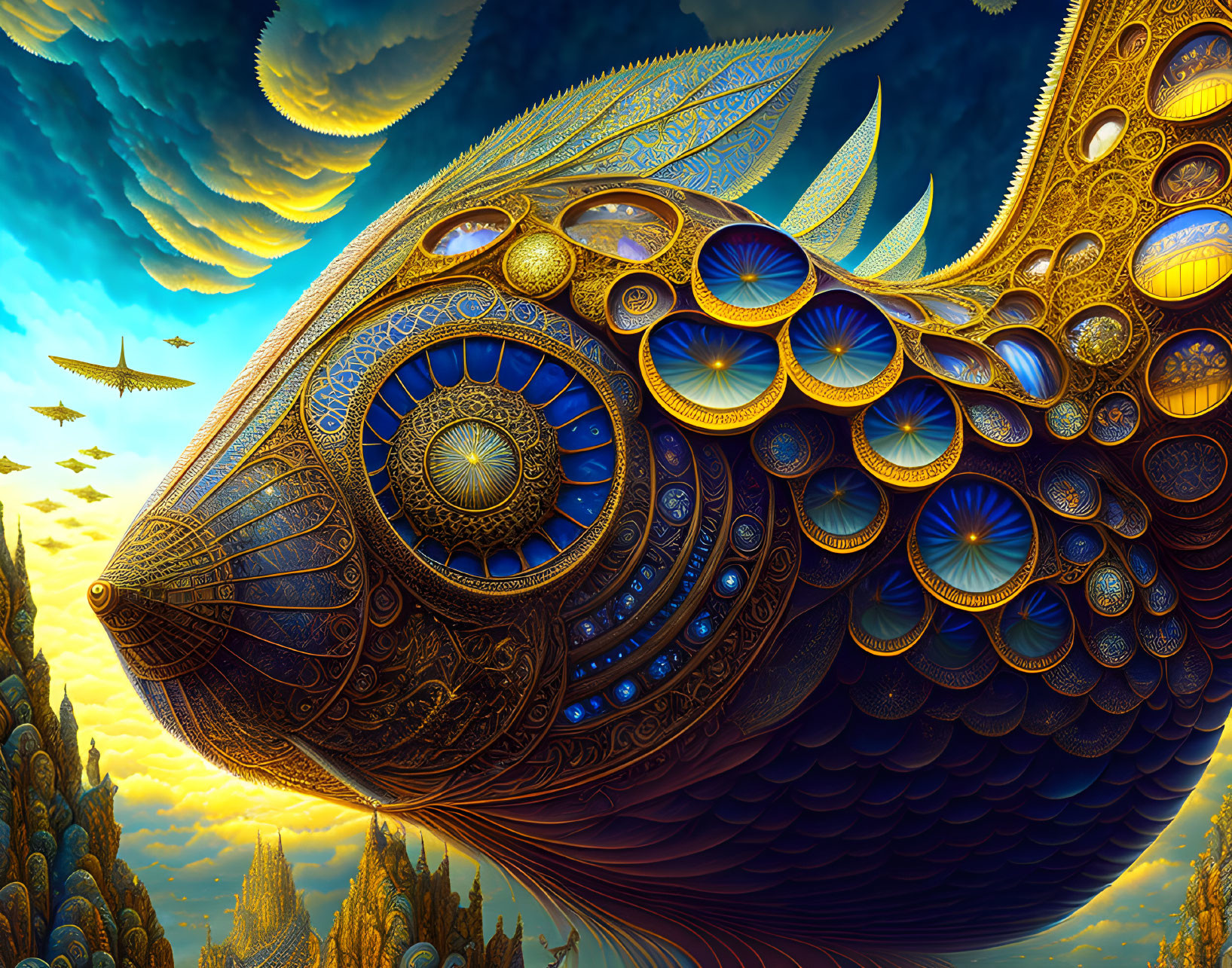 Large ornate fish-like creature in surreal blue sky with intricate clouds