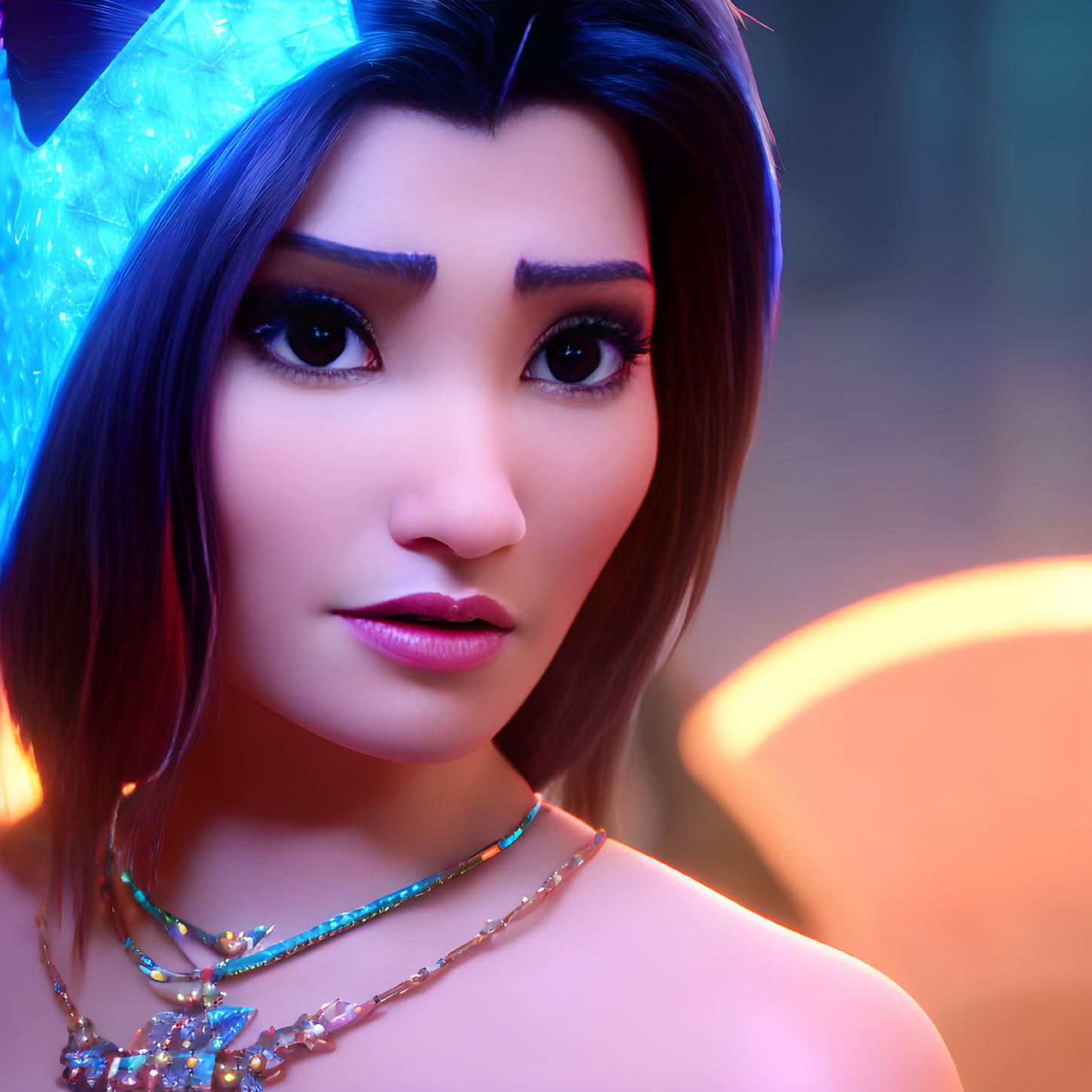 Detailed 3D Render of Female with Blue Crystal Crown and Neon Background