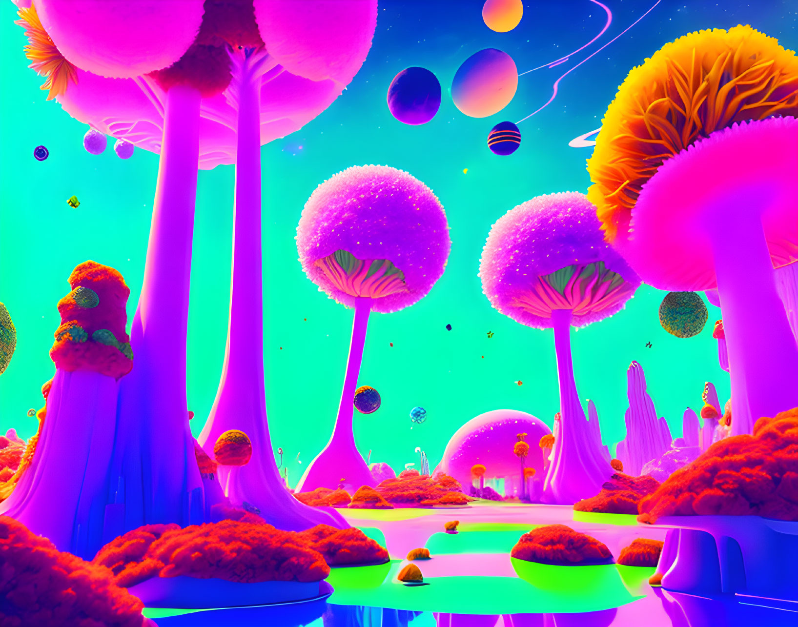 Colorful Mushroom Structures in Fantasy Landscape with Floating Islands