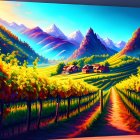 Scenic landscape with vineyards, cottages, and mountains at sunset