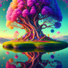 Colorful magical tree illustration under twilight sky with floating islands.