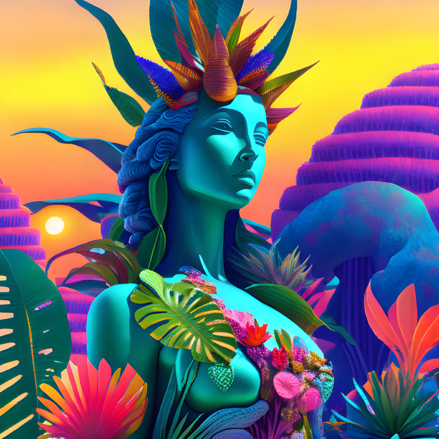 Vibrant digital artwork: Woman with botanical elements against sunset background