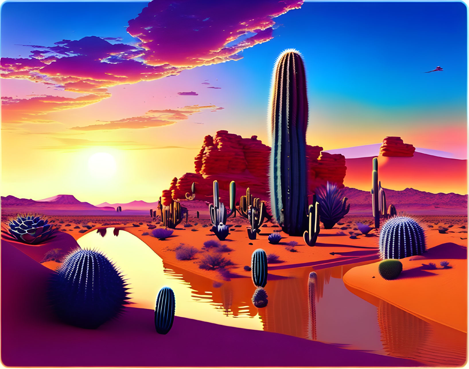 Digital artwork: Desert sunset with cacti, rocks, water, purple-orange sky