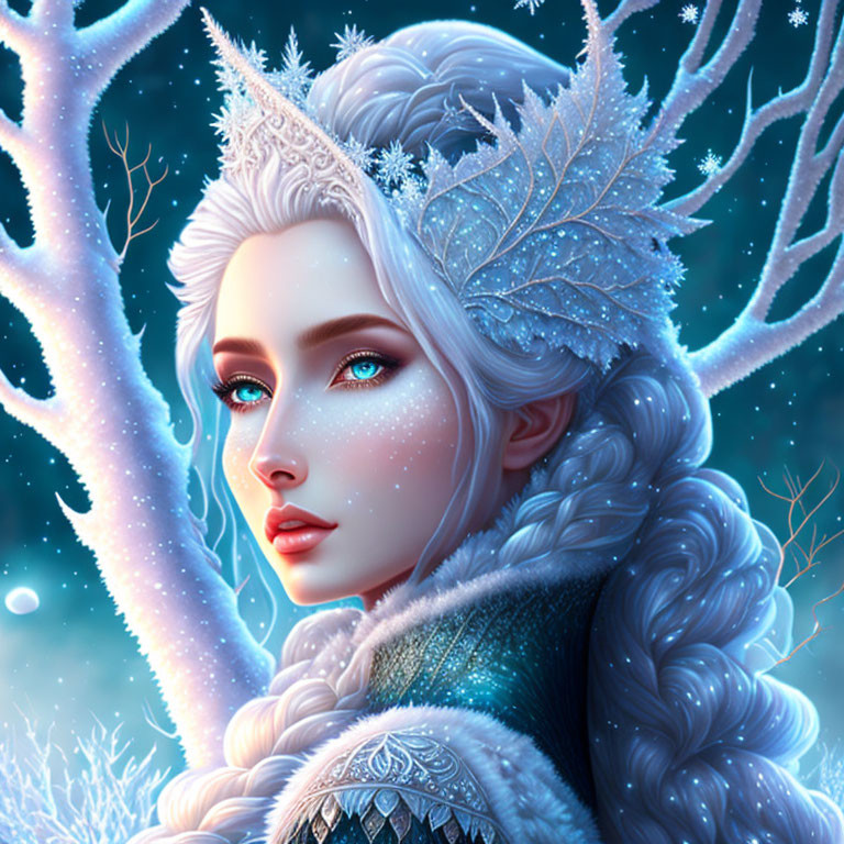 Digital artwork: Woman with icy blue eyes, pale skin, white hair, frosty crown, win