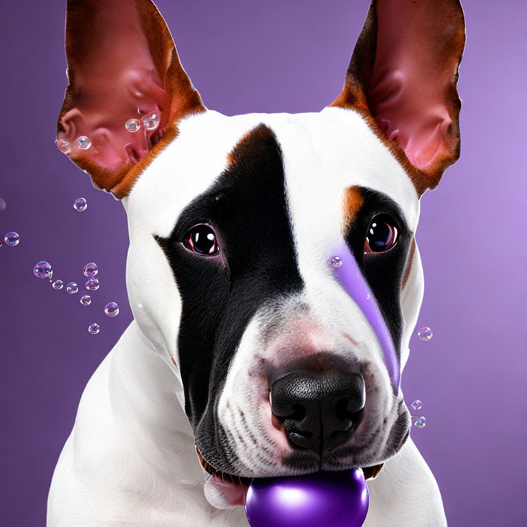 Black and White Dog with Patched Eye and Bubbles on Purple Background