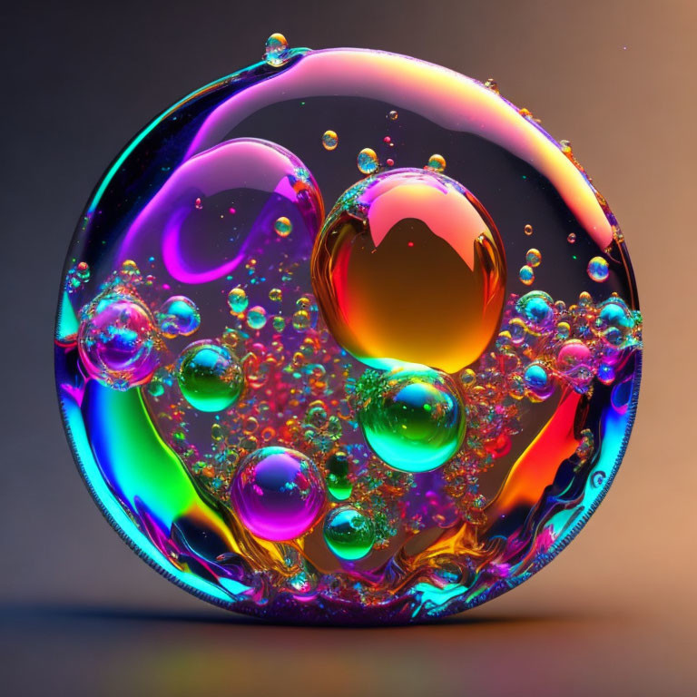 Colorful iridescent soap bubble with smaller bubbles on gradient background