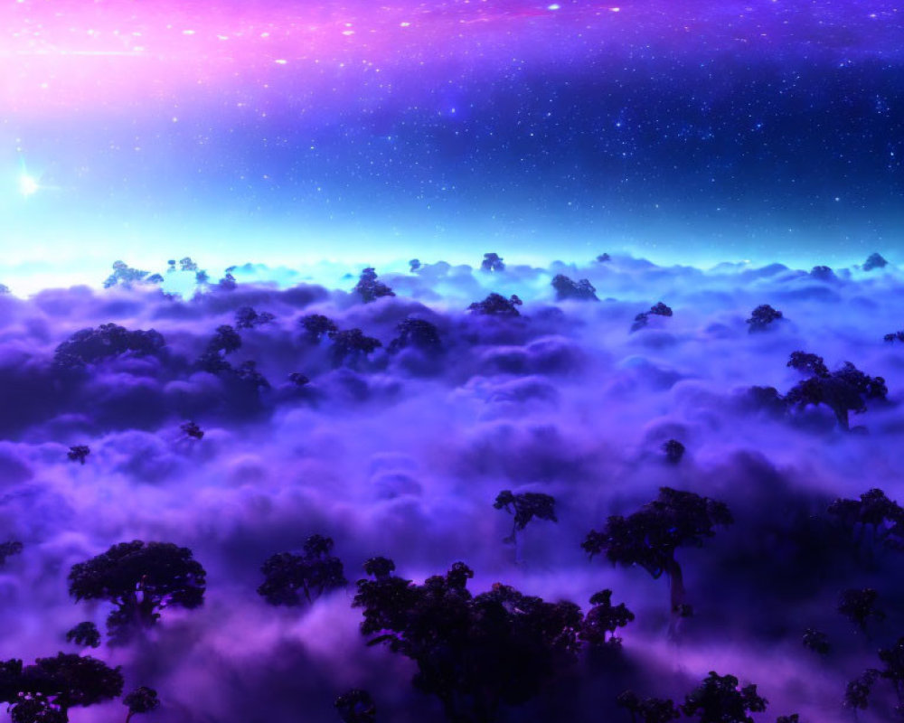 Starry night sky over misty treetops landscape