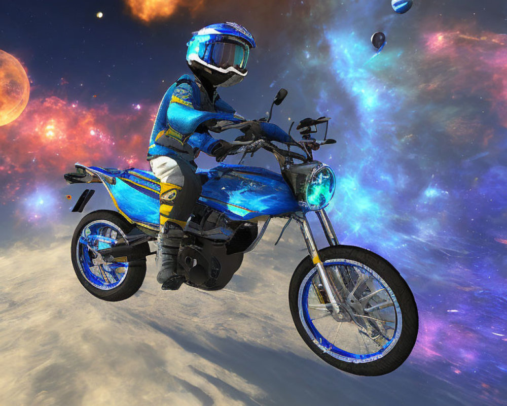 Blue spacesuit rider on futuristic motorcycle in cosmic scene.