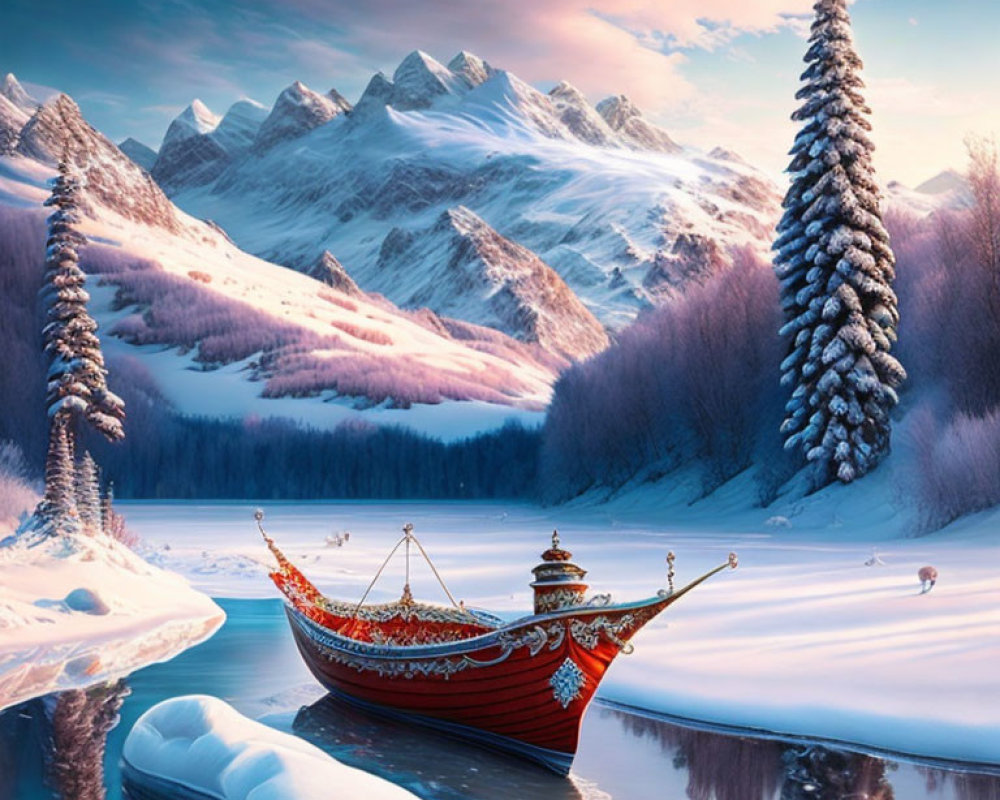 Snow-covered winter landscape with red boat on frozen river and pink-tinted sky