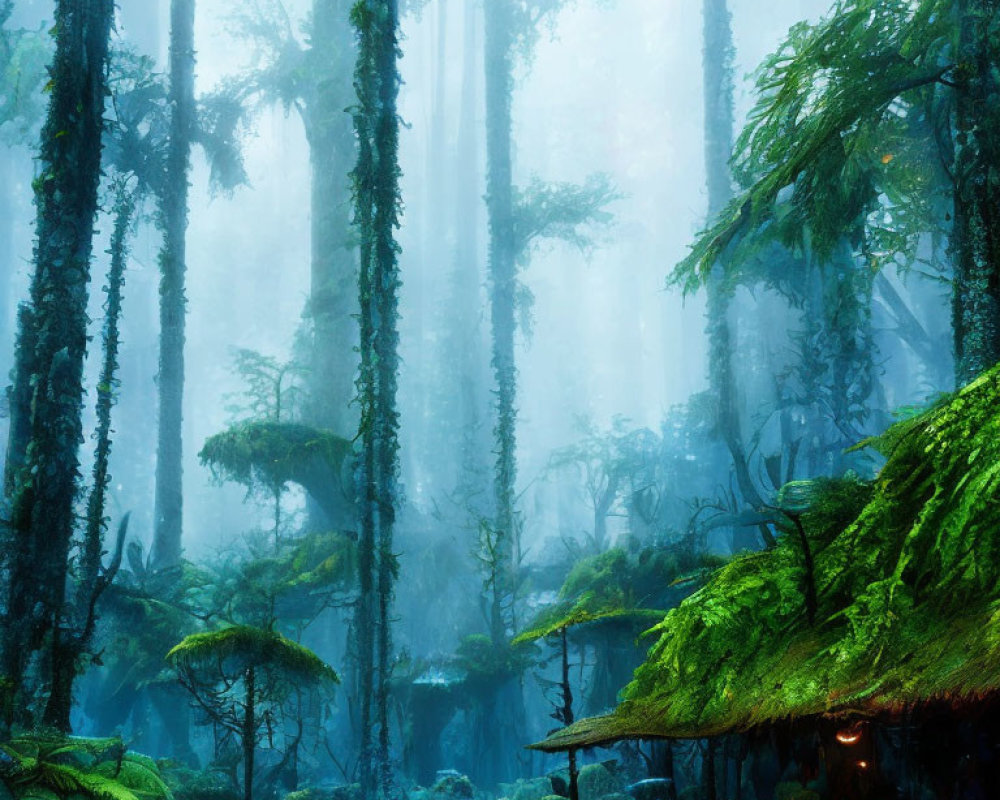 Enchanting forest with fog, towering trees, ferns, moss, and hidden hut