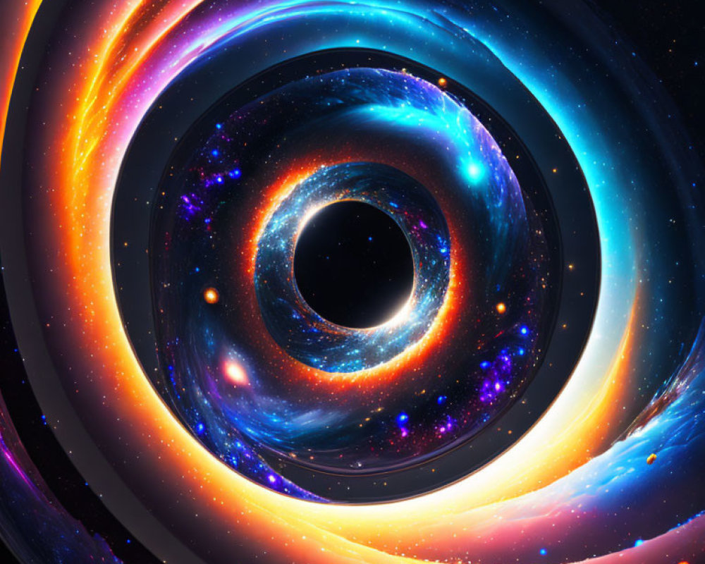 Colorful cosmic illustration of swirling black hole and stars