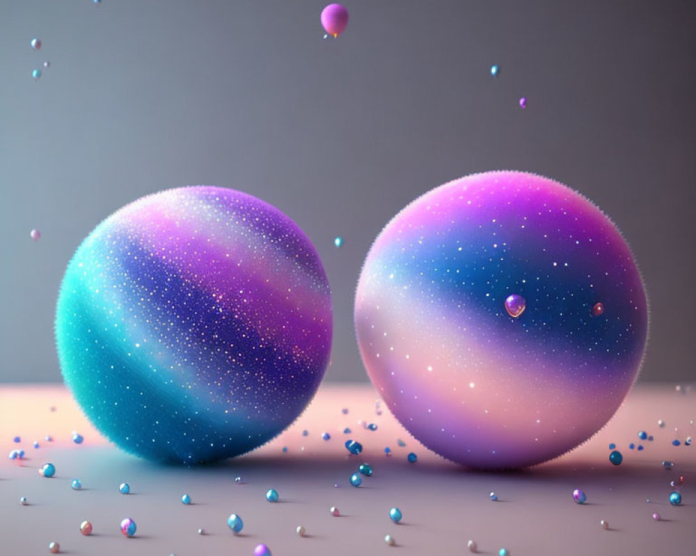 Vibrant galaxy-themed spheres with cosmic color palette and suspended beads