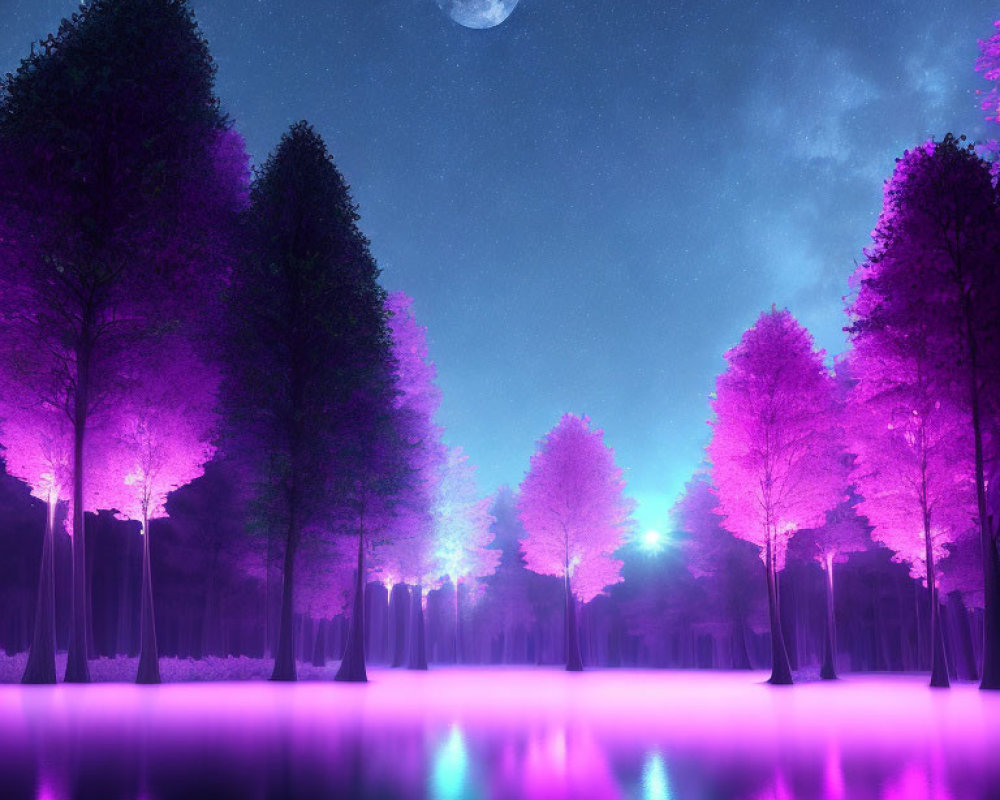 Surreal purple trees reflecting in water under starry sky and full moon