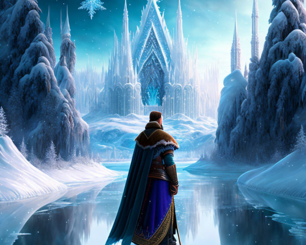 Regal figure admires ice castle in wintry landscape