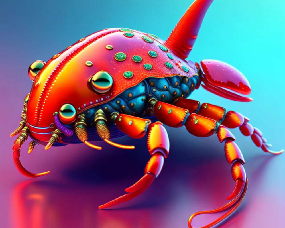 Digital artwork of vibrant mech-style hermit crab on gradient background