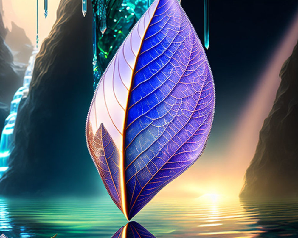 Colorful Translucent Leaf on Reflective Water Surface with Fantastical Backdrop