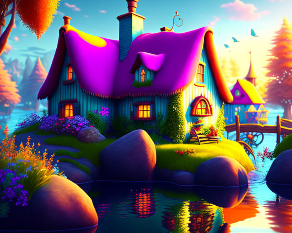 Colorful Fairytale Cottage Illustration by Serene Lake at Sunset