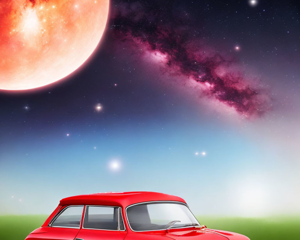 Vintage red car under starry sky with red moon and nebula clouds