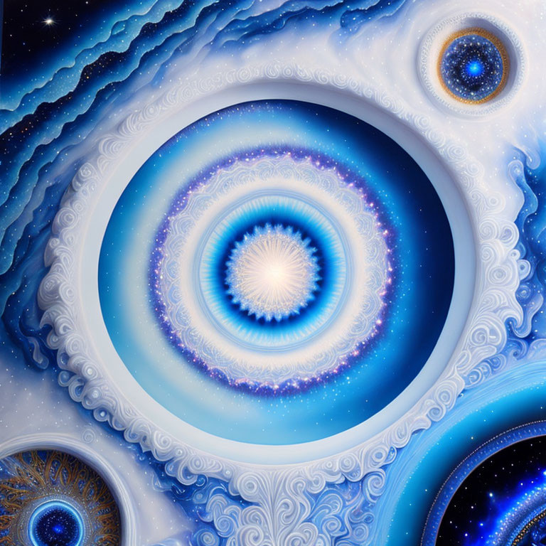 Symmetrical blue and white fractal image with cosmic spiraling patterns