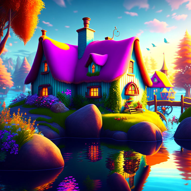 Colorful Fairytale Cottage Illustration by Serene Lake at Sunset