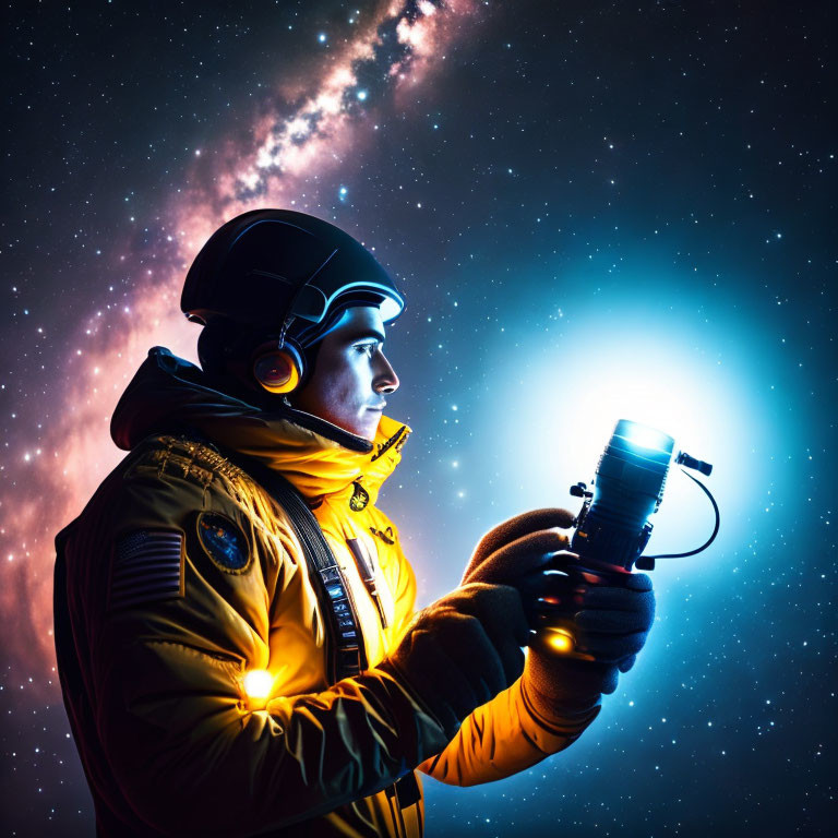 Yellow space suit figure holding glowing device in cosmic backdrop.