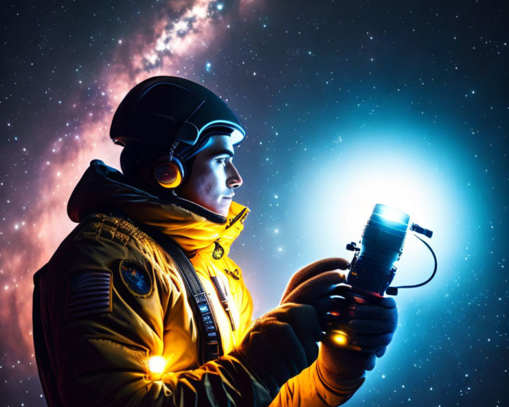 Yellow space suit figure holding glowing device in cosmic backdrop.