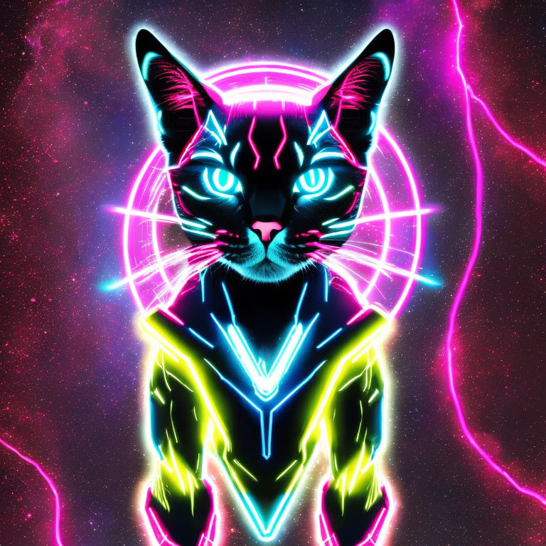 Neon Cat Illustration with Vibrant Colors