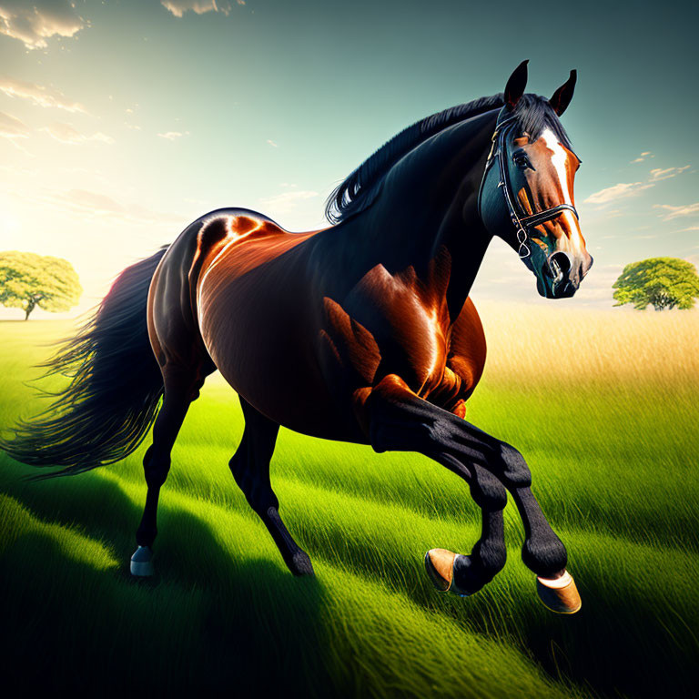 Brown horse with black mane gallops in vibrant green field