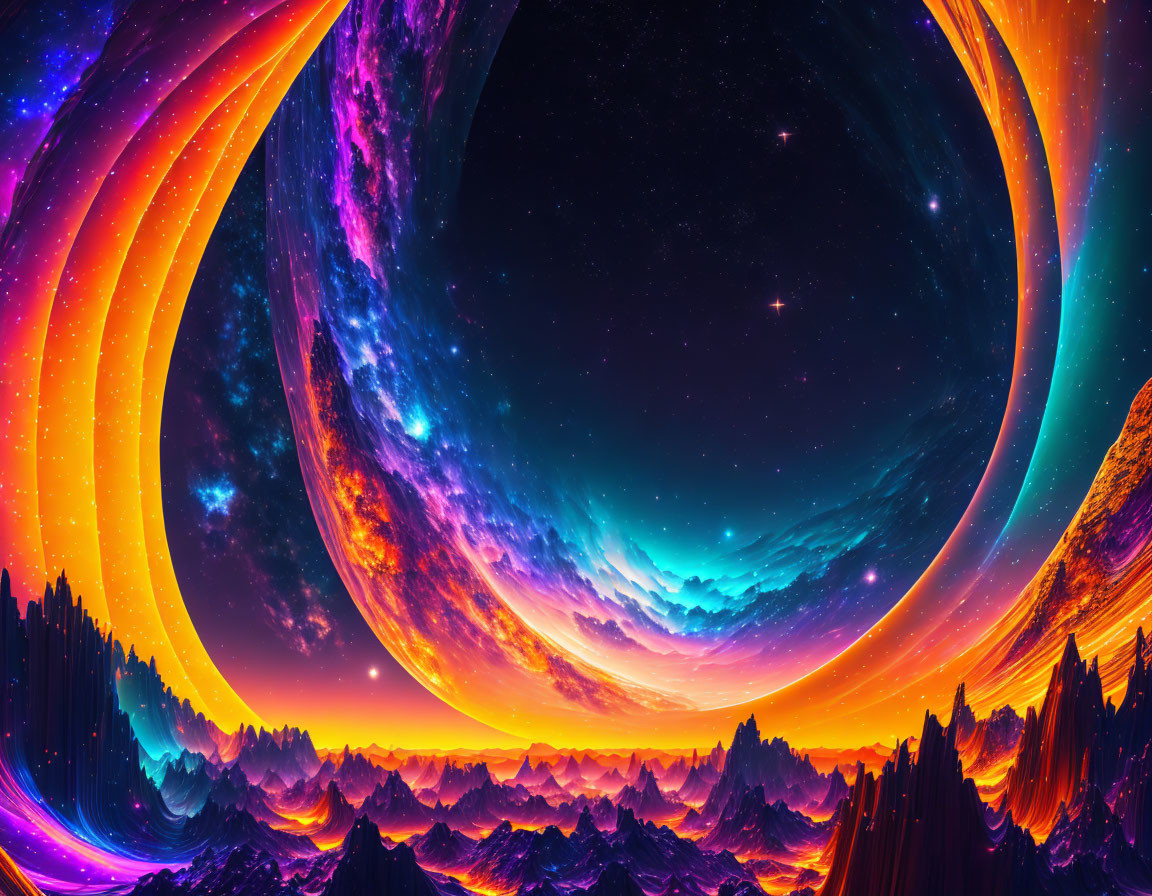 Colorful surreal space scene with neon planetary rings and alien landscape